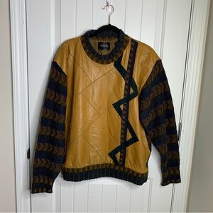 Vintage tan leather knit sleeves sweater‎ size medium men’s grandpa unique